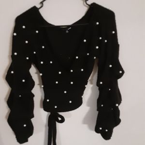 Black belted v-neck wrap sweater with pearls on it size S Fashion Nova
